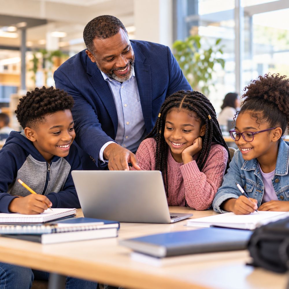A mentor helping three young students with their schoolwork at a laptop